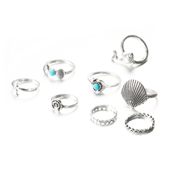 **DEASIA* 8-Pc Silver x Blue Shell Fashion Ring Set - Picture 5 of 7